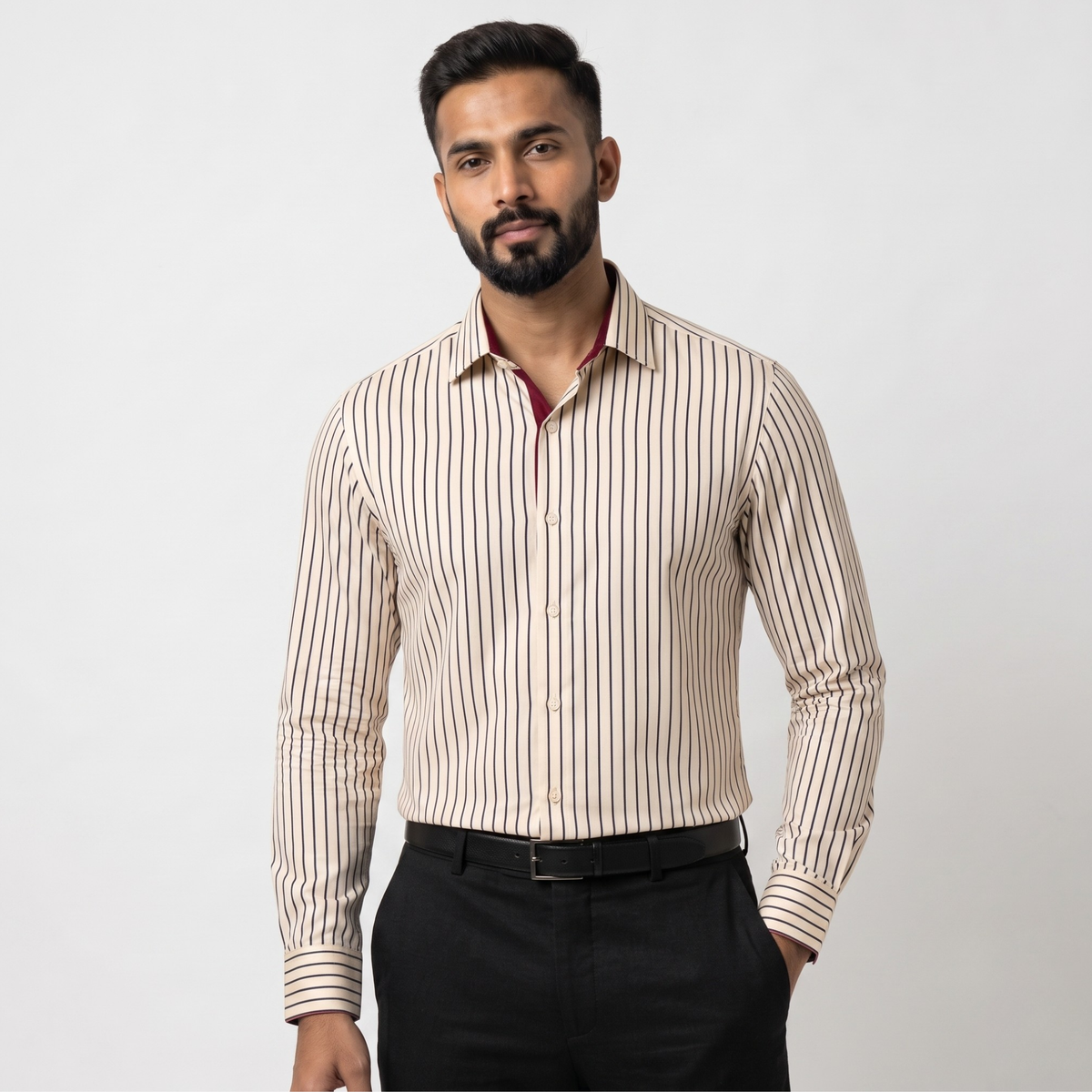 Mohalla Beige and Maroon Striped Formal Shirt (Manager)