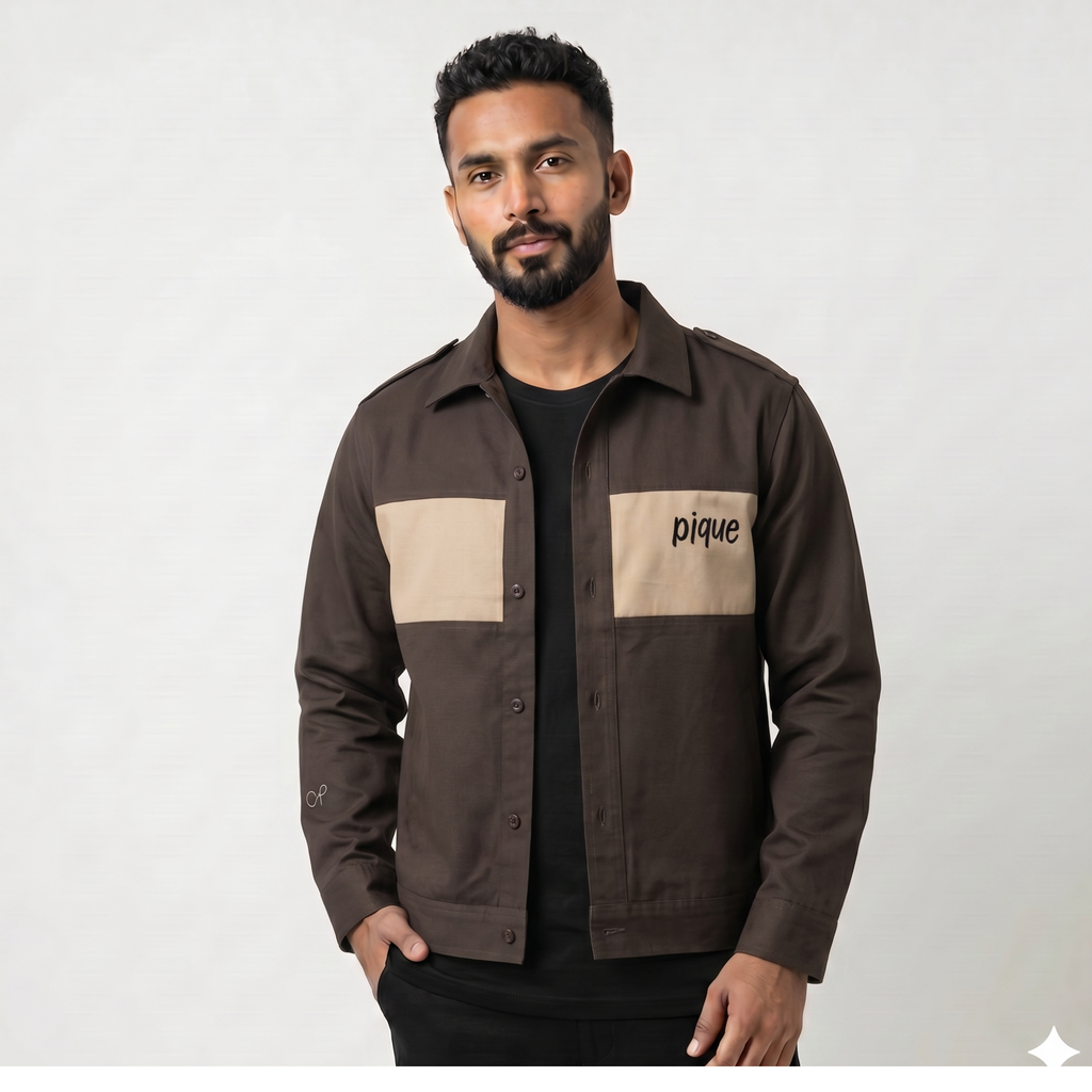 PIQUE Grey and Beige Shacket with Back and Front Embroidery