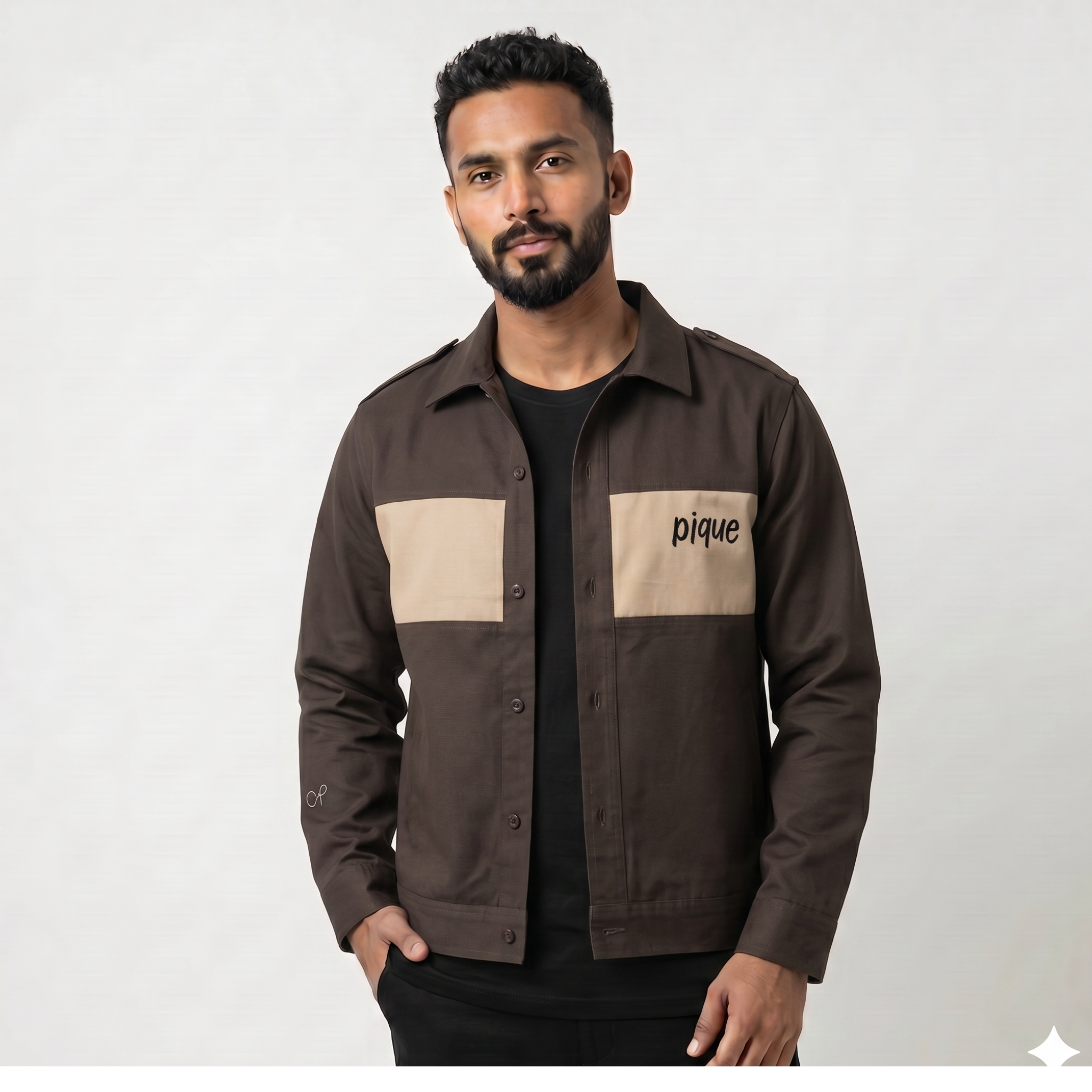 PIQUE Grey and Beige Shacket with Back and Front Embroidery