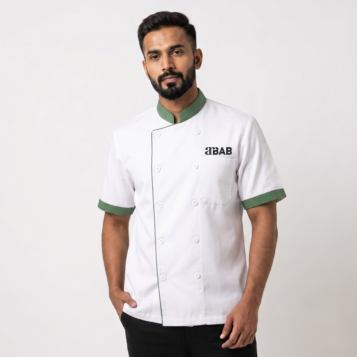 Arbab Beige Chef Coat with Green Piping (Old Prices)